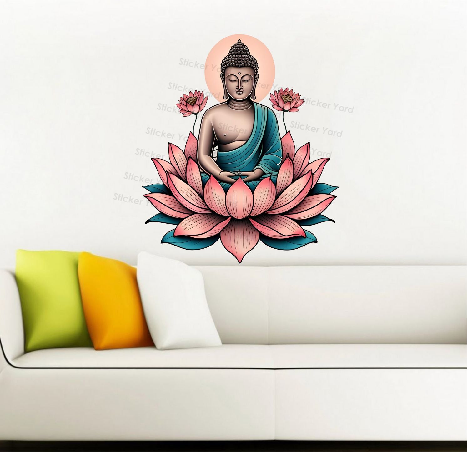 FramingoKart Pvc Vinyl Buddha On Lotus Self-Adhesive Wall Sticker for Home Decor/Decoration - Living Room, Bedroom, Kids Room (Multicolor,Size 50X58CM)