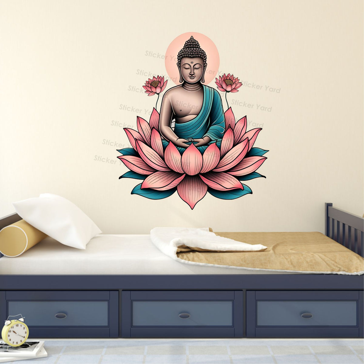 FramingoKart Pvc Vinyl Buddha On Lotus Self-Adhesive Wall Sticker for Home Decor/Decoration - Living Room, Bedroom, Kids Room (Multicolor,Size 50X58CM)