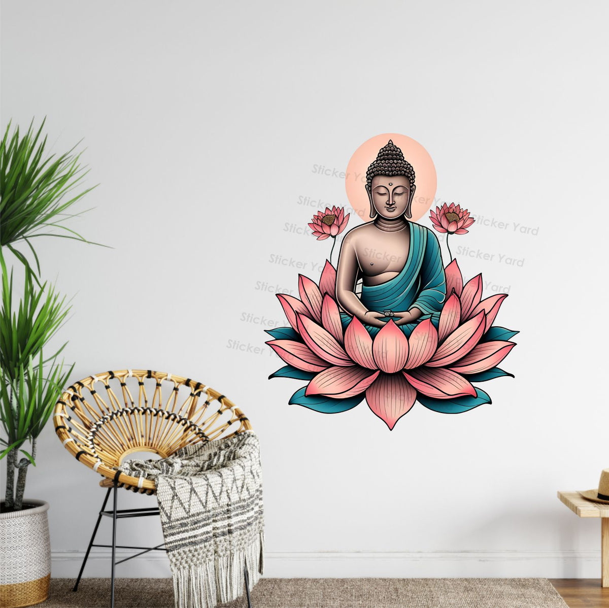FramingoKart Pvc Vinyl Buddha On Lotus Self-Adhesive Wall Sticker for Home Decor/Decoration - Living Room, Bedroom, Kids Room (Multicolor,Size 50X58CM)