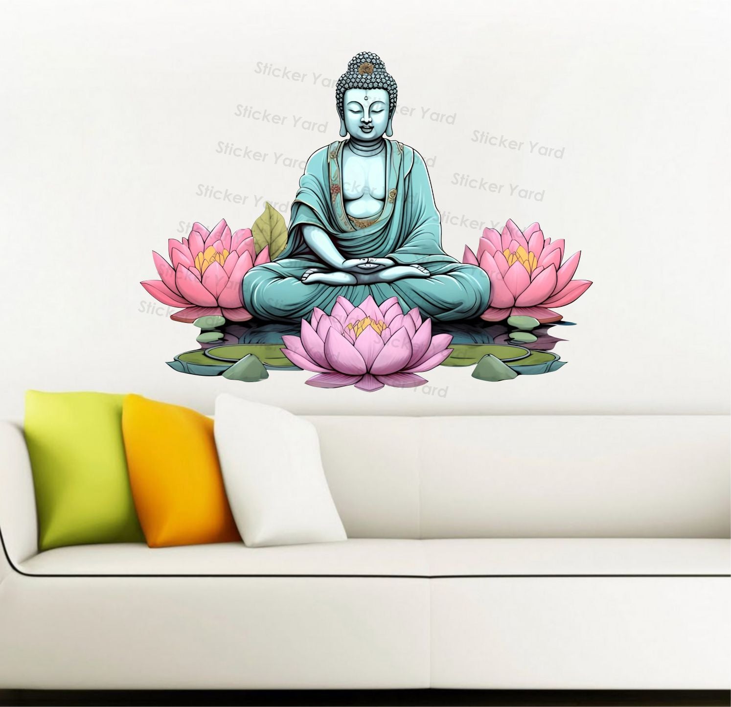 FramingoKart Pvc Vinyl Buddha Lotus Floral Self-Adhesive Wall Sticker for Home Decor/Decoration - Living Room, Bedroom, Kids Room (Multicolor,Size 70X53CM)