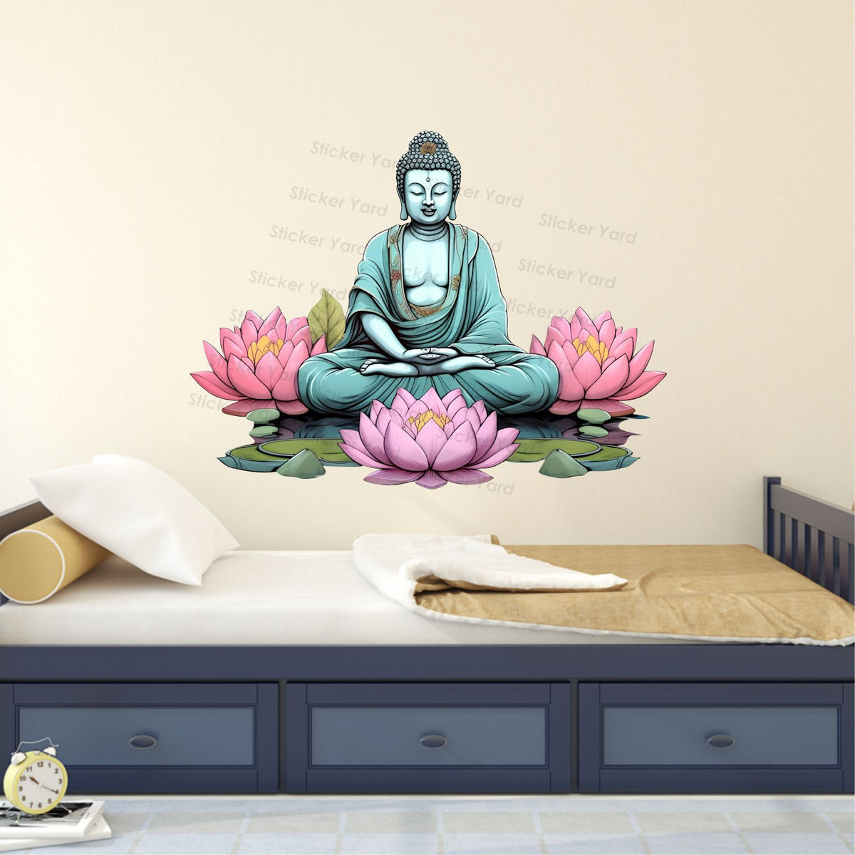 FramingoKart Pvc Vinyl Buddha Lotus Floral Self-Adhesive Wall Sticker for Home Decor/Decoration - Living Room, Bedroom, Kids Room (Multicolor,Size 70X53CM)