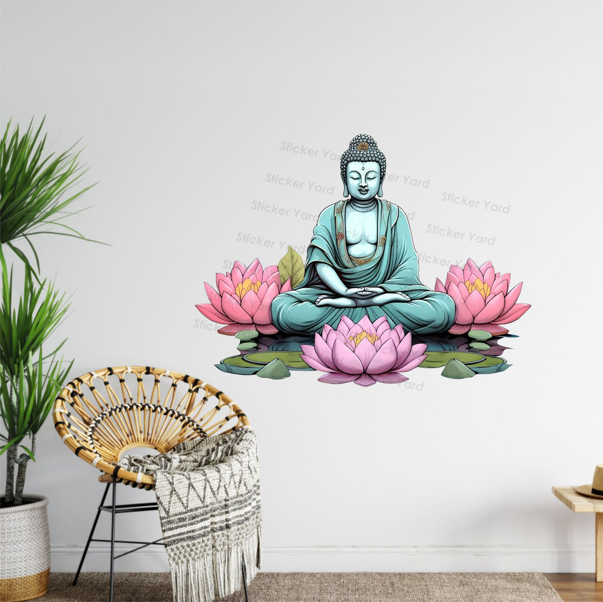 FramingoKart Pvc Vinyl Buddha Lotus Floral Self-Adhesive Wall Sticker for Home Decor/Decoration - Living Room, Bedroom, Kids Room (Multicolor,Size 70X53CM)