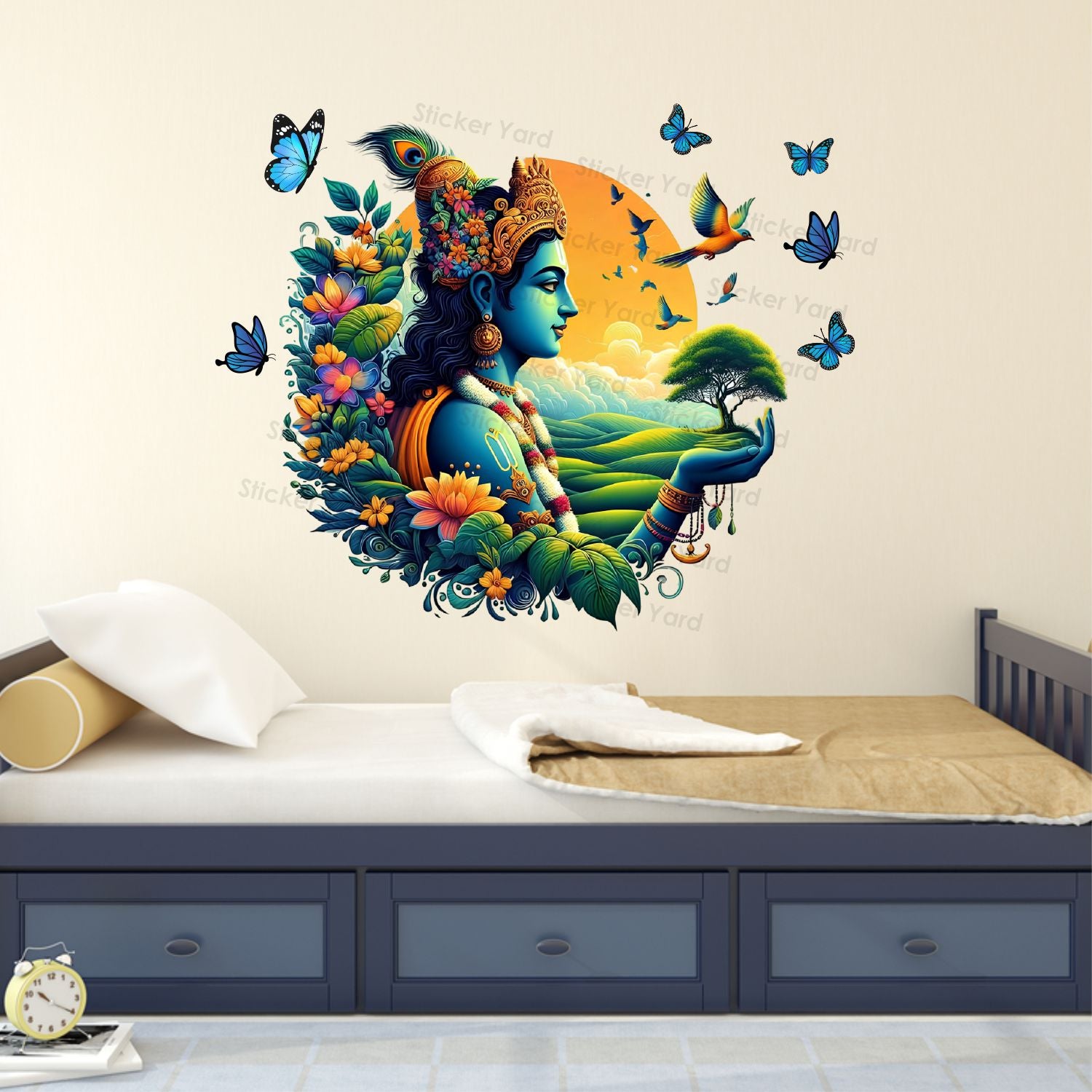 FramingoKart Pvc Vinyl Lord Krishna Nature Self-Adhesive Wall Sticker for Home Decor/Decoration - Living Room, Bedroom, Kids Room (Multicolor,Size 72X60CM)