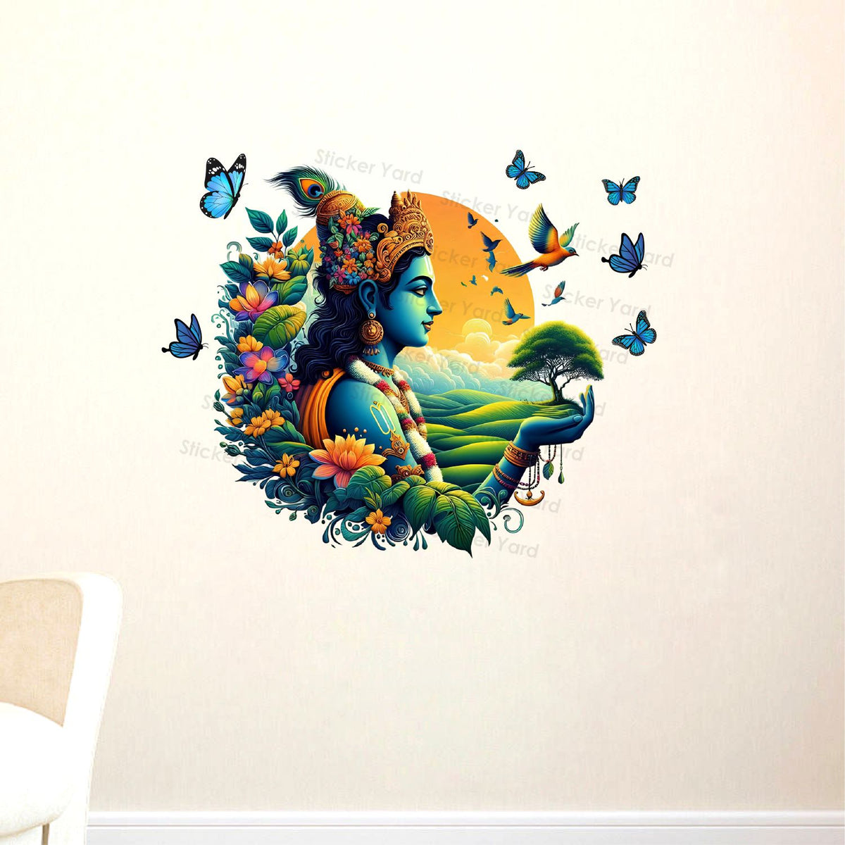 FramingoKart Pvc Vinyl Lord Krishna Nature Self-Adhesive Wall Sticker for Home Decor/Decoration - Living Room, Bedroom, Kids Room (Multicolor,Size 72X60CM)