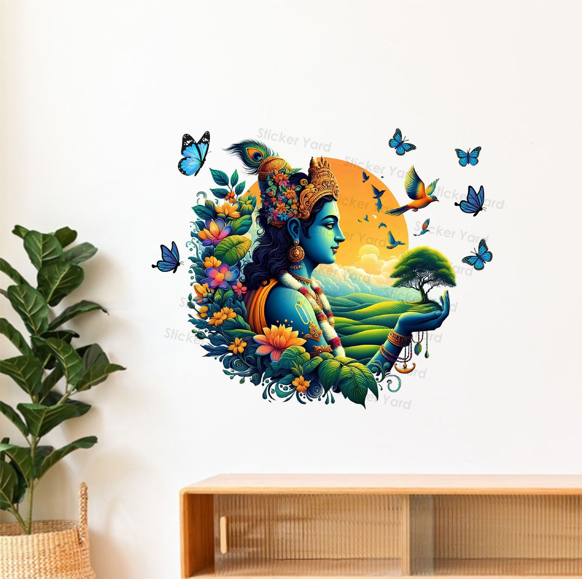 FramingoKart Pvc Vinyl Lord Krishna Nature Self-Adhesive Wall Sticker for Home Decor/Decoration - Living Room, Bedroom, Kids Room (Multicolor,Size 72X60CM)