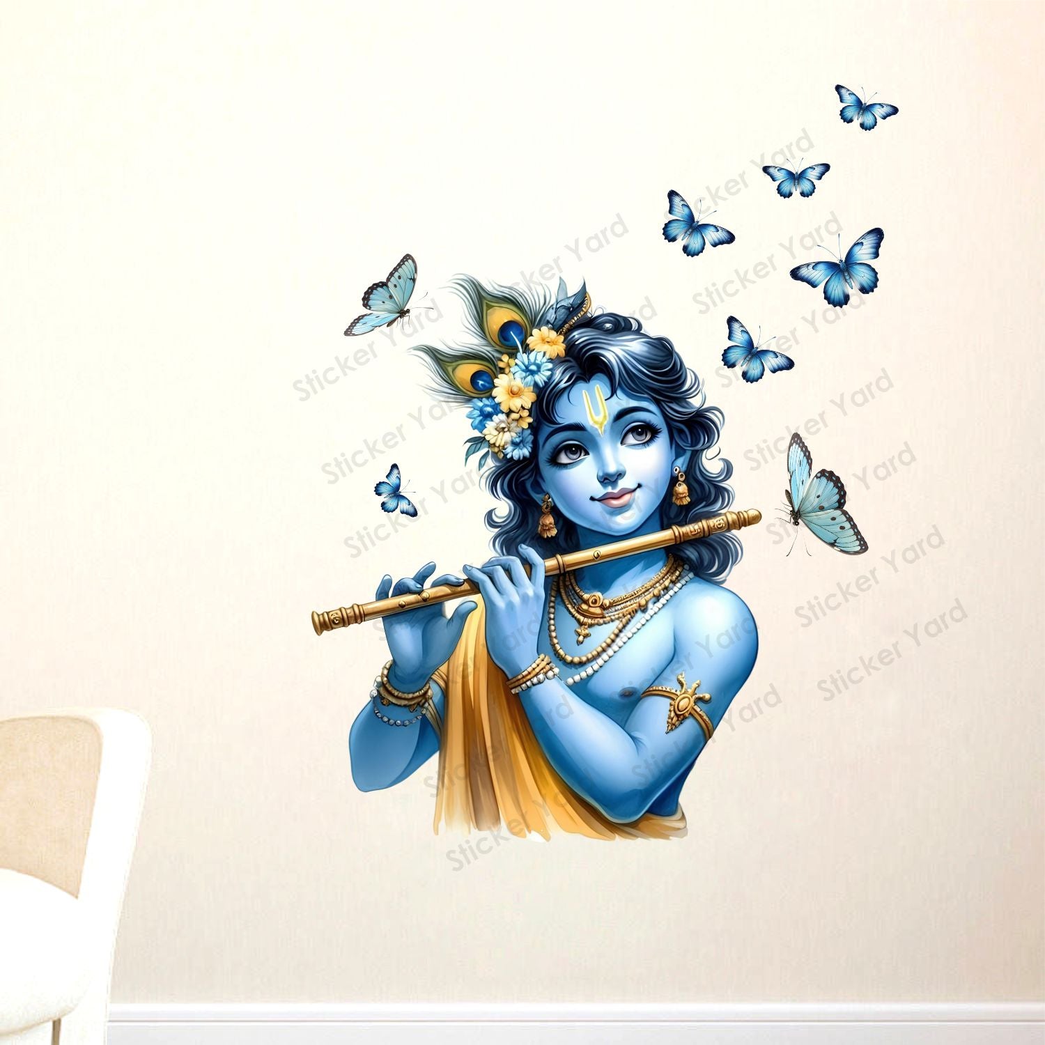 FramingoKart Pvc Vinyl Krishna Flute Butterflies Self-Adhesive Wall Sticker for Home Decor/Decoration - Living Room, Bedroom, Kids Room (Multicolor,Size 59X77CM)