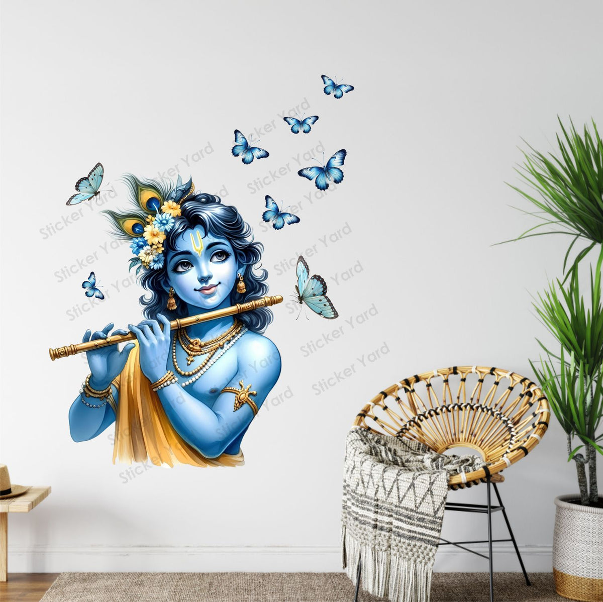 FramingoKart Pvc Vinyl Krishna Flute Butterflies Self-Adhesive Wall Sticker for Home Decor/Decoration - Living Room, Bedroom, Kids Room (Multicolor,Size 59X77CM)