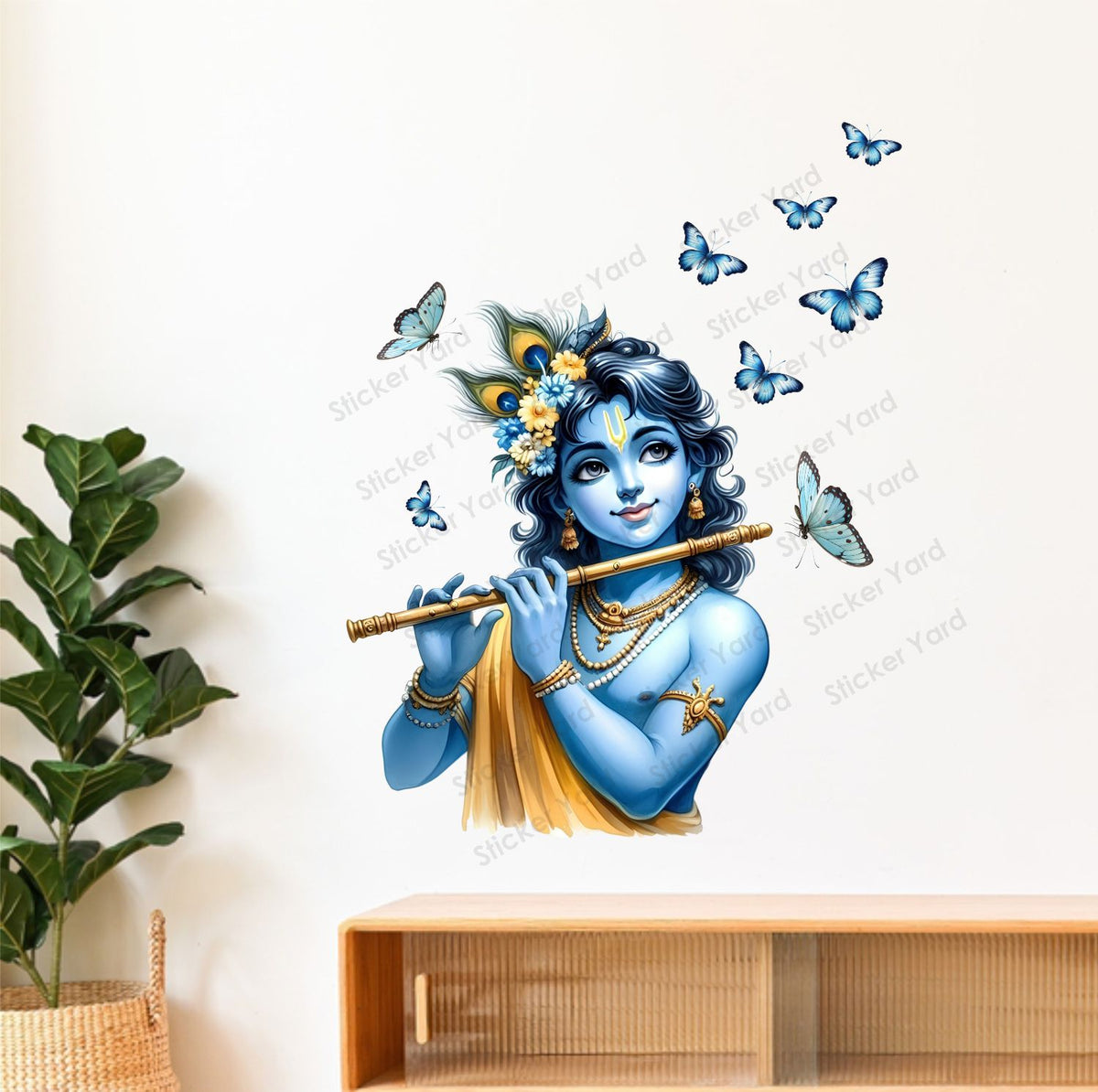 FramingoKart Pvc Vinyl Krishna Flute Butterflies Self-Adhesive Wall Sticker for Home Decor/Decoration - Living Room, Bedroom, Kids Room (Multicolor,Size 59X77CM)