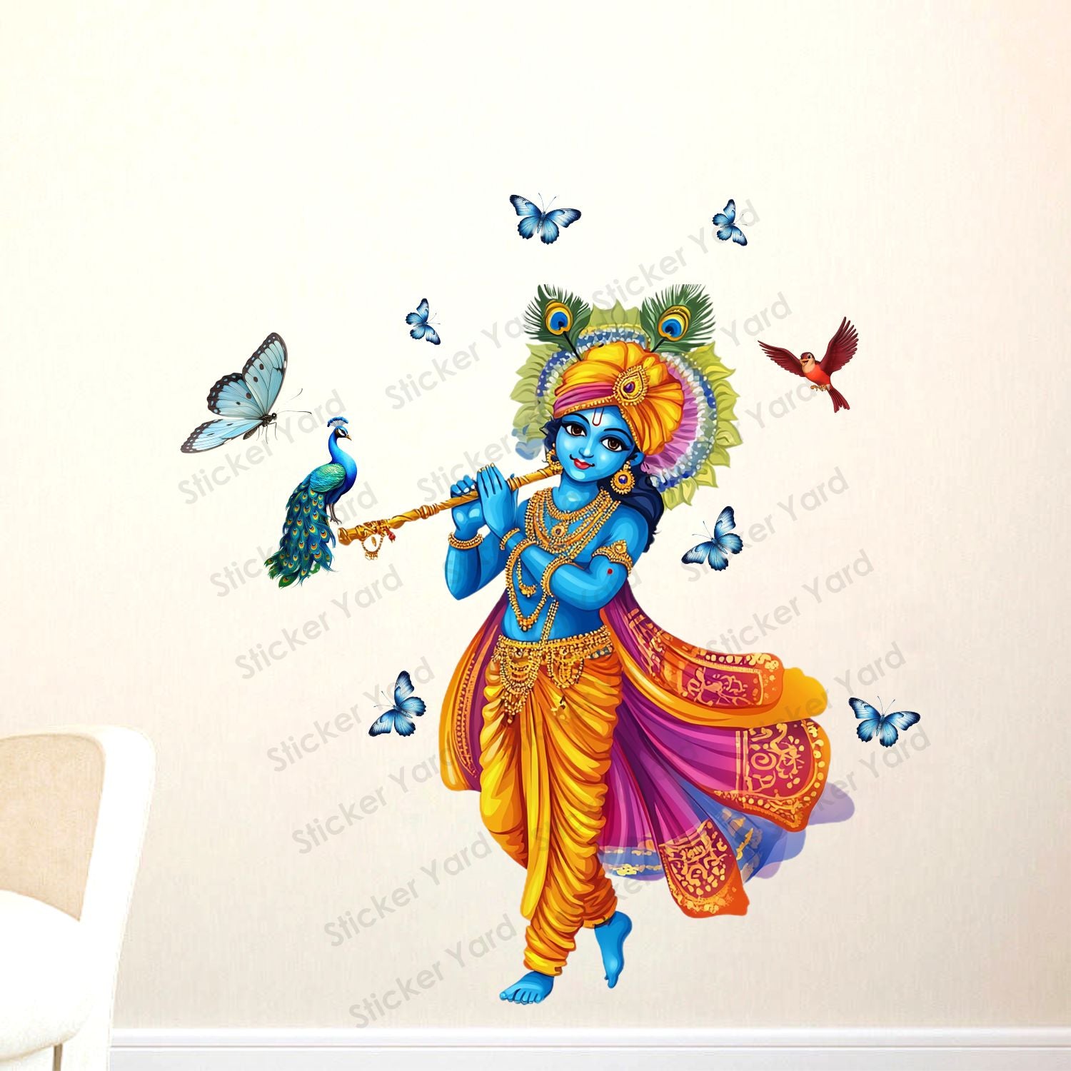 FramingoKart Pvc Vinyl Krishna Birds & Butterflies Self-Adhesive Wall Sticker for Home Decor/Decoration - Living Room, Bedroom, Kids Room (Multicolor,Size 69X76CM)