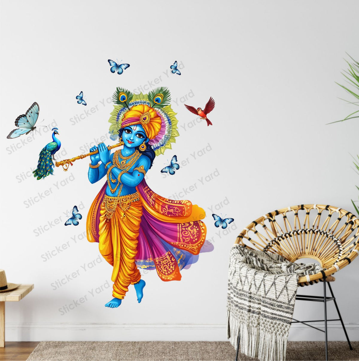 FramingoKart Pvc Vinyl Krishna Birds & Butterflies Self-Adhesive Wall Sticker for Home Decor/Decoration - Living Room, Bedroom, Kids Room (Multicolor,Size 69X76CM)