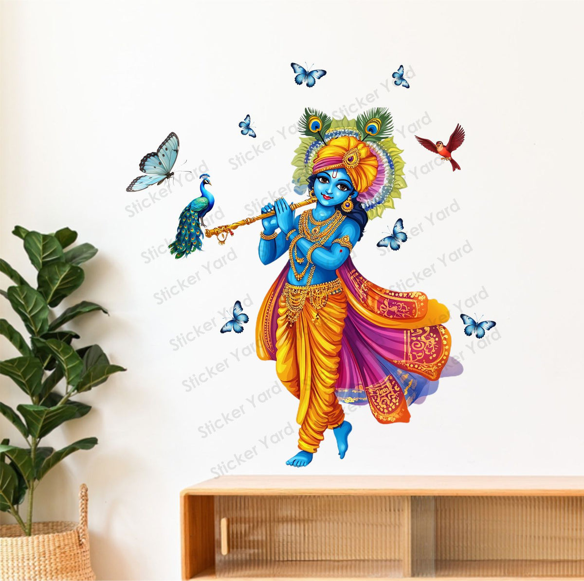 FramingoKart Pvc Vinyl Krishna Birds & Butterflies Self-Adhesive Wall Sticker for Home Decor/Decoration - Living Room, Bedroom, Kids Room (Multicolor,Size 69X76CM)