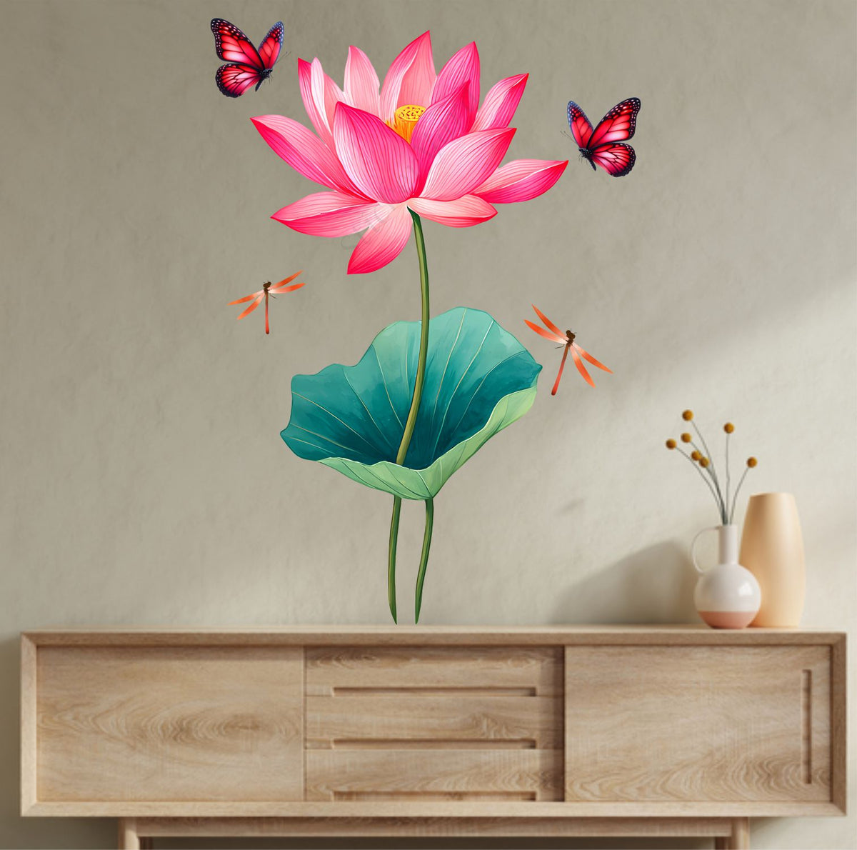 FramingoKart  PVC Vinyl Lotus & Butterflies Wall Sticker Big Size Room Walls Home Decor Self Adhesive Sticker (multicolour,size-63x91cm)
