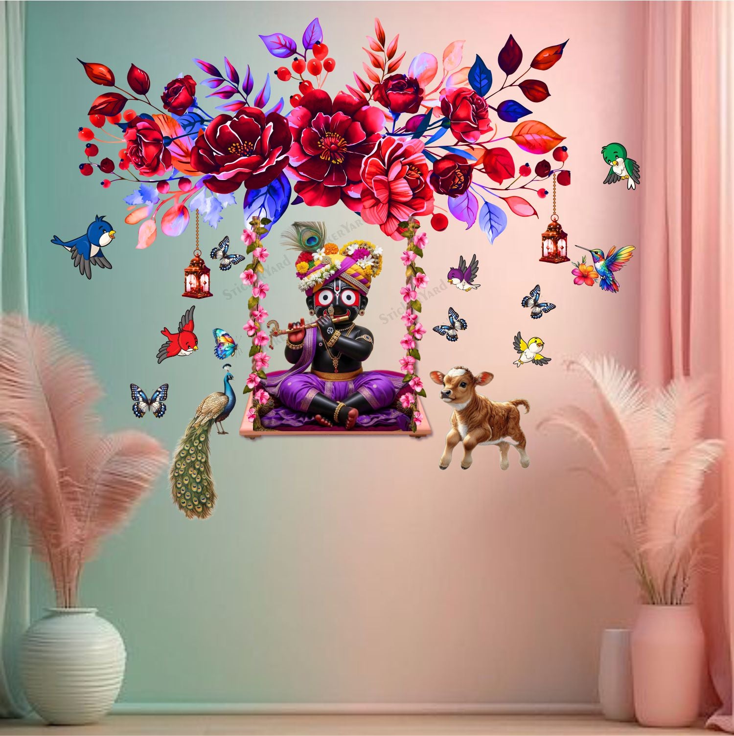 FramingoKart  PVC Vinyl Bal Jagannath Ji On Swing Floral Design Wall Sticker Big Size Room Walls Home Décor Self Adhesive Sticker