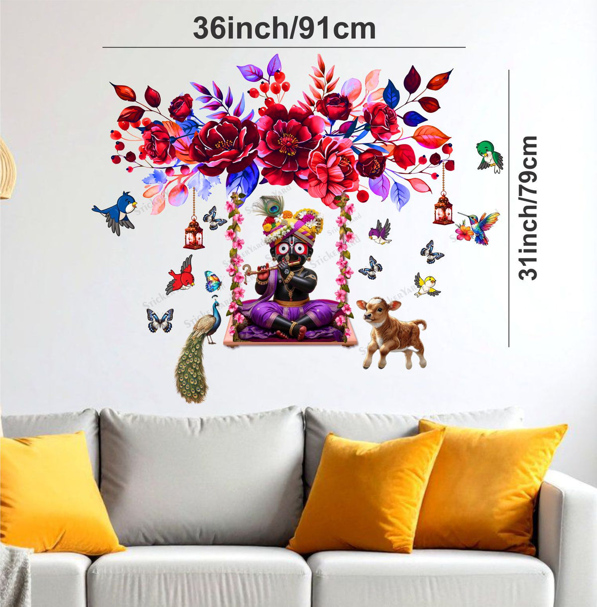 FramingoKart  PVC Vinyl Bal Jagannath Ji On Swing Floral Design Wall Sticker Big Size Room Walls Home Décor Self Adhesive Sticker