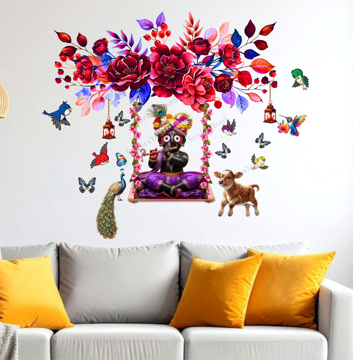 FramingoKart  PVC Vinyl Bal Jagannath Ji On Swing Floral Design Wall Sticker Big Size Room Walls Home Décor Self Adhesive Sticker