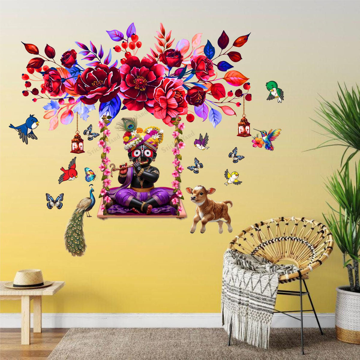 FramingoKart  PVC Vinyl Bal Jagannath Ji On Swing Floral Design Wall Sticker Big Size Room Walls Home Décor Self Adhesive Sticker