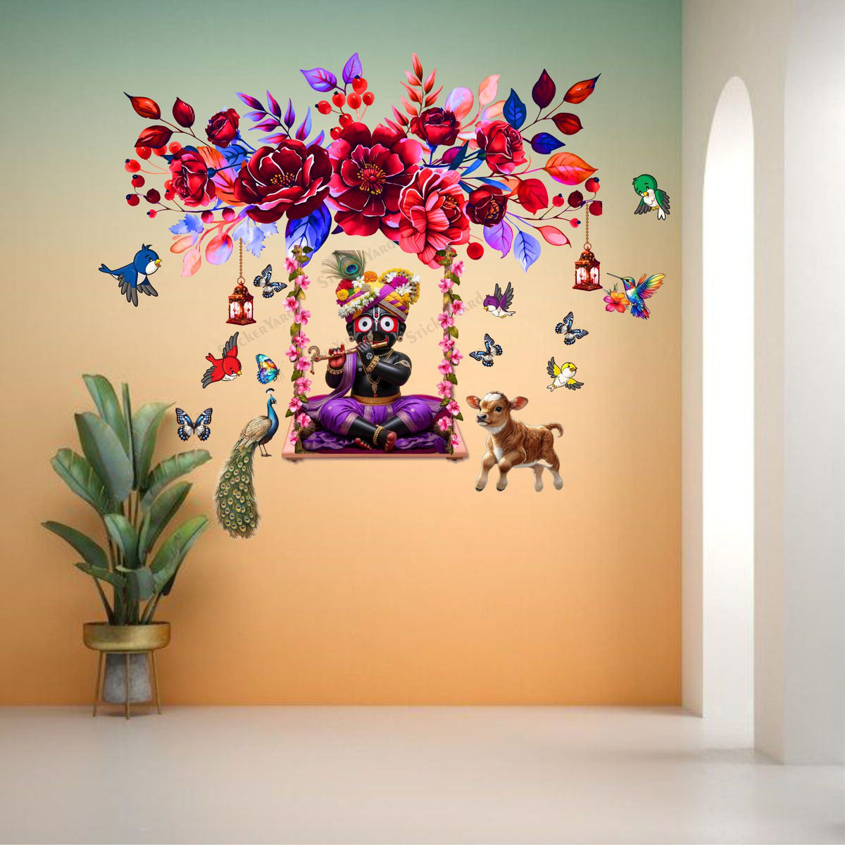 FramingoKart  PVC Vinyl Bal Jagannath Ji On Swing Floral Design Wall Sticker Big Size Room Walls Home Décor Self Adhesive Sticker