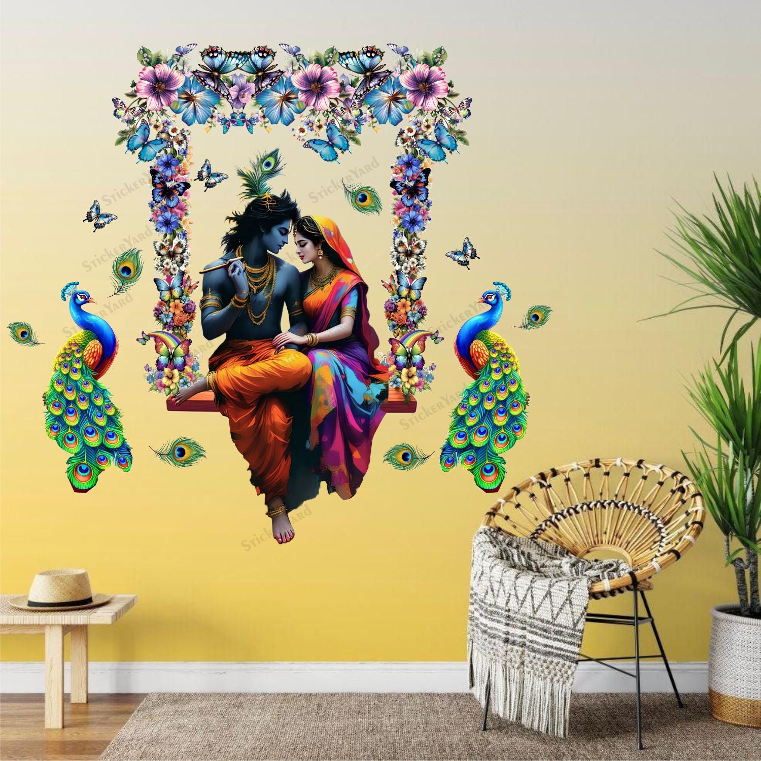 FramingoKart  PVC Vinyl Radha Krishna Ji On Swing Floral Design Wall Sticker Big Size Room Walls Home Décor Self Adhesive Sticker