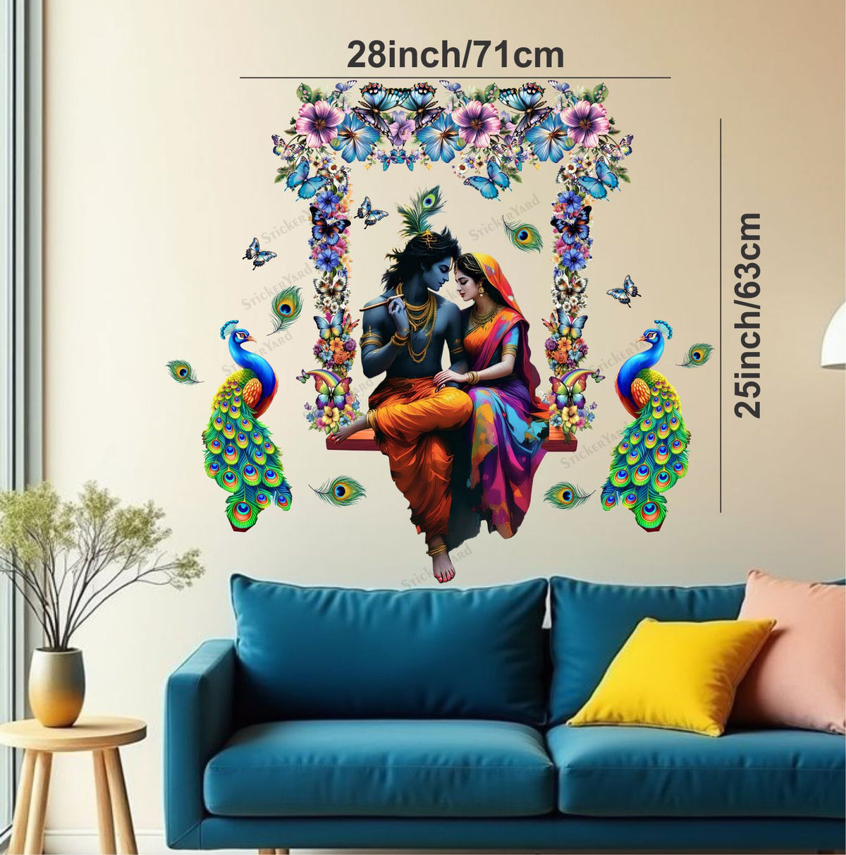 FramingoKart  PVC Vinyl Radha Krishna Ji On Swing Floral Design Wall Sticker Big Size Room Walls Home Décor Self Adhesive Sticker