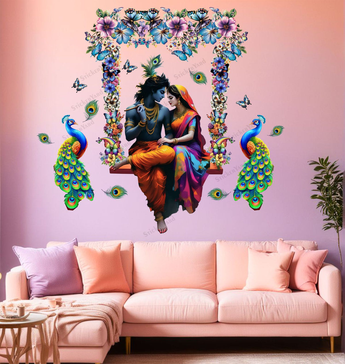 FramingoKart  PVC Vinyl Radha Krishna Ji On Swing Floral Design Wall Sticker Big Size Room Walls Home Décor Self Adhesive Sticker
