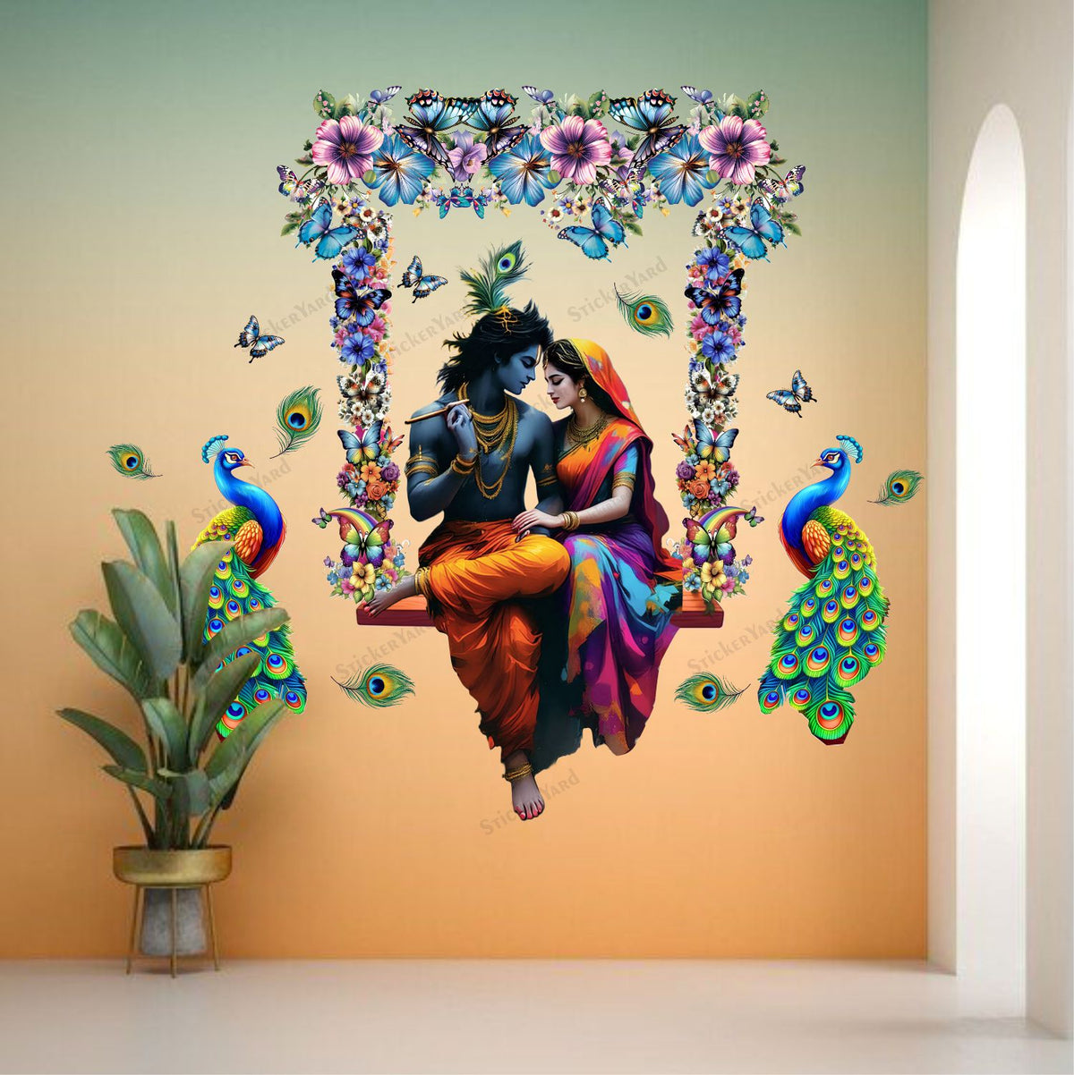 FramingoKart  PVC Vinyl Radha Krishna Ji On Swing Floral Design Wall Sticker Big Size Room Walls Home Décor Self Adhesive Sticker