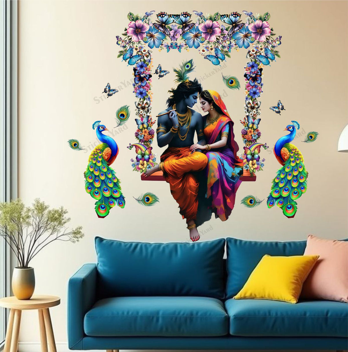 FramingoKart  PVC Vinyl Radha Krishna Ji On Swing Floral Design Wall Sticker Big Size Room Walls Home Décor Self Adhesive Sticker
