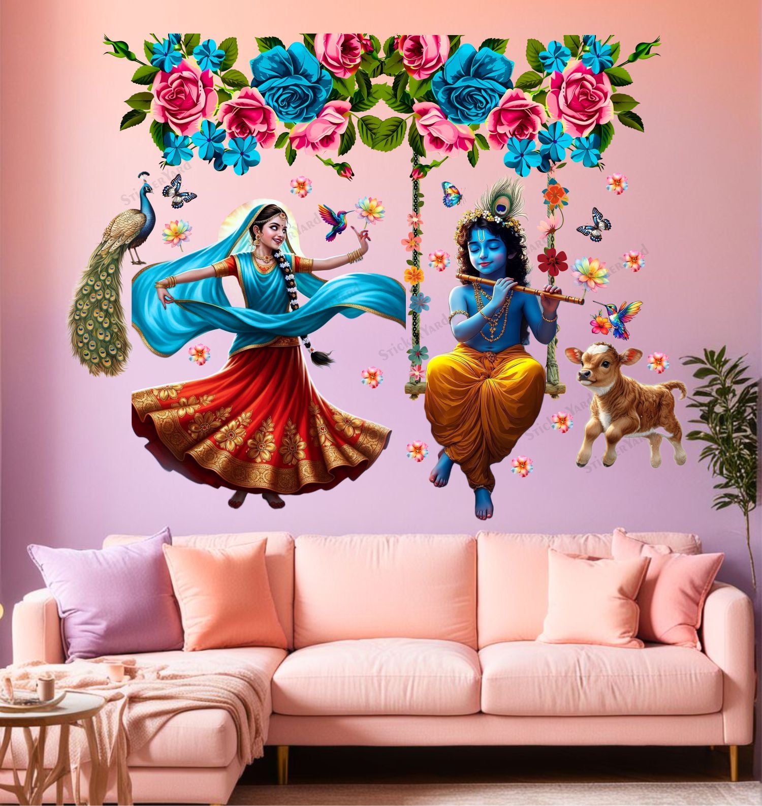 FramingoKart  PVC Vinyl Flute Krishna Ji Radha Ji Art Design Wall Sticker Big Size Room Walls Home Décor Self Adhesive Sticker
