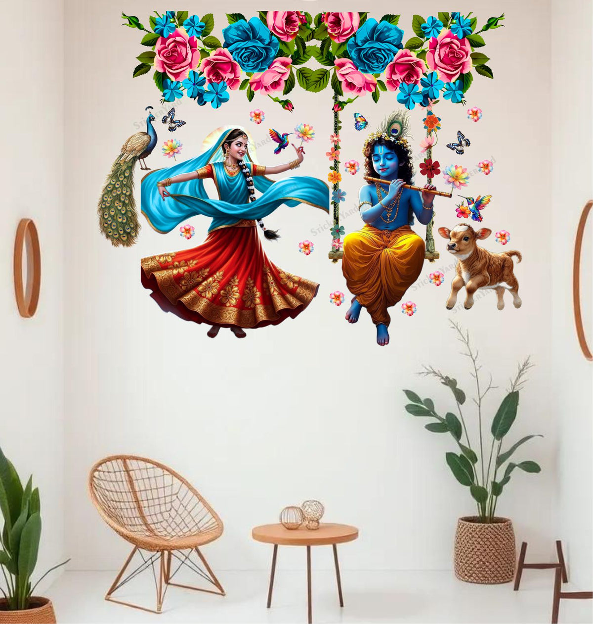 FramingoKart  PVC Vinyl Flute Krishna Ji Radha Ji Art Design Wall Sticker Big Size Room Walls Home Décor Self Adhesive Sticker