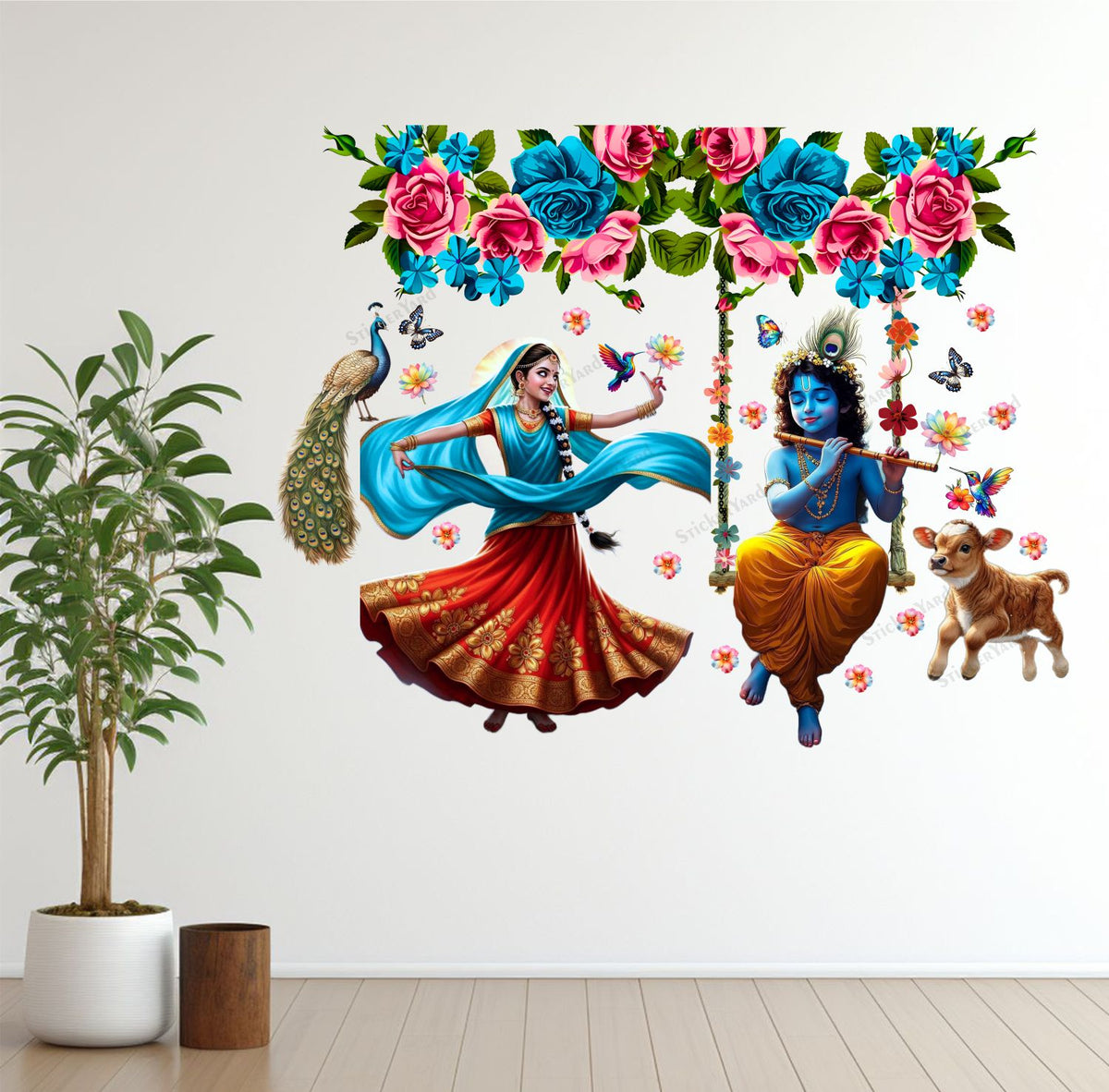 FramingoKart  PVC Vinyl Flute Krishna Ji Radha Ji Art Design Wall Sticker Big Size Room Walls Home Décor Self Adhesive Sticker