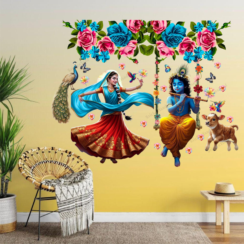 FramingoKart  PVC Vinyl Flute Krishna Ji Radha Ji Art Design Wall Sticker Big Size Room Walls Home Décor Self Adhesive Sticker