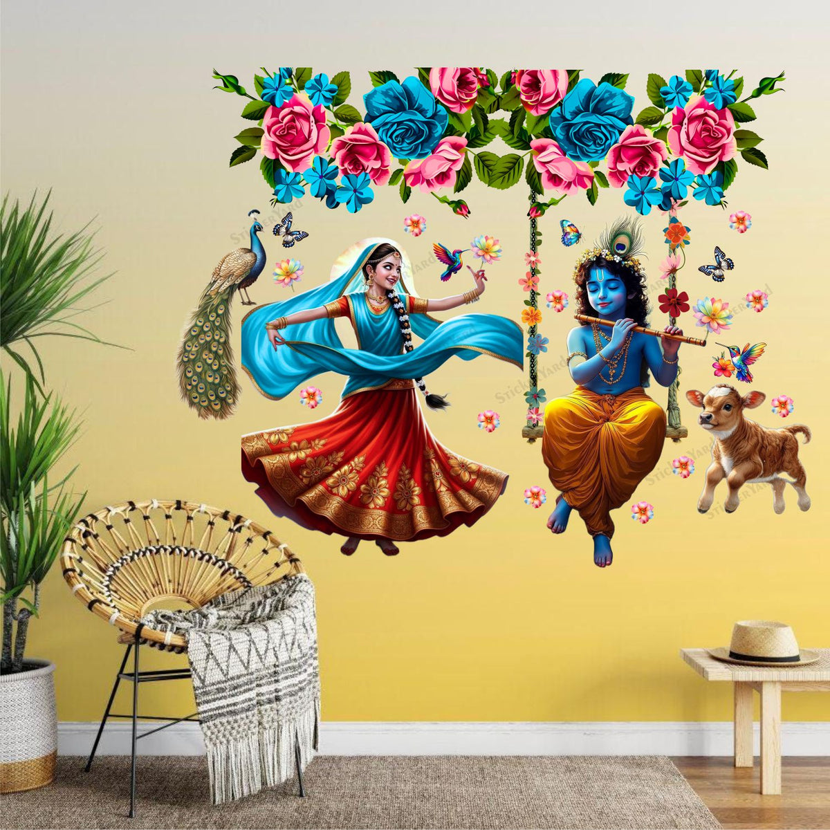 FramingoKart  PVC Vinyl Flute Krishna Ji Radha Ji Art Design Wall Sticker Big Size Room Walls Home Décor Self Adhesive Sticker