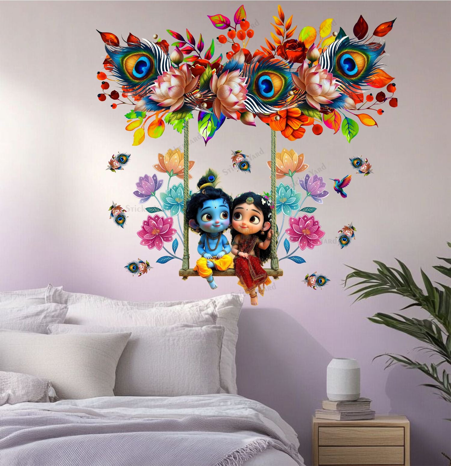 FramingoKart  PVC Vinyl Feather Floral Swing Cute Radha Krishna Wall Sticker Big Size Room Walls Home Décor Self Adhesive Sticker