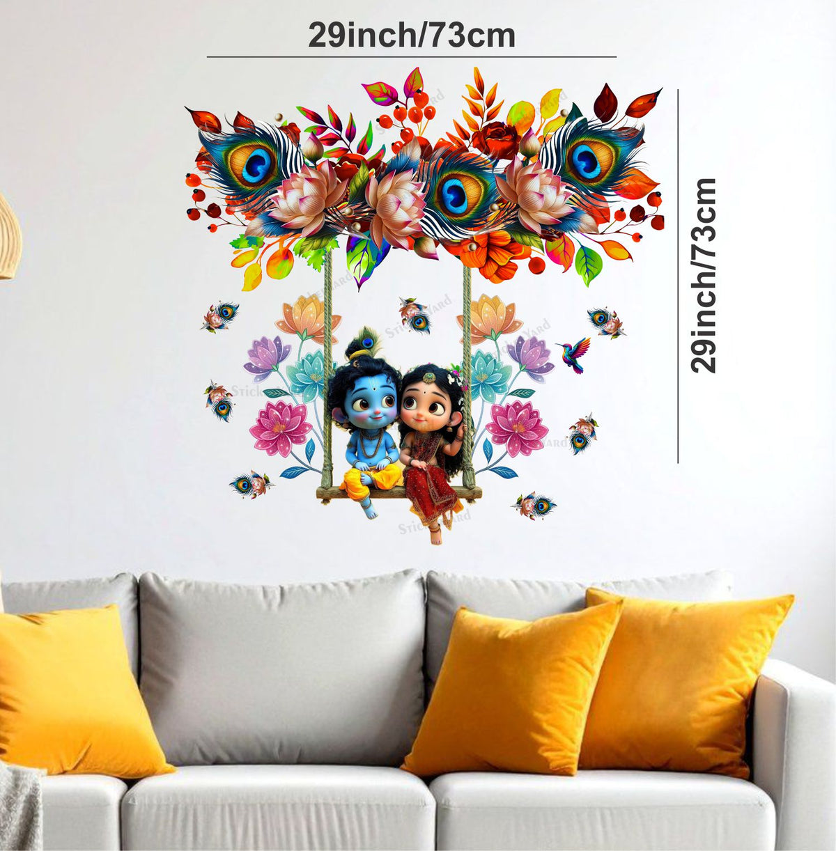 FramingoKart  PVC Vinyl Feather Floral Swing Cute Radha Krishna Wall Sticker Big Size Room Walls Home Décor Self Adhesive Sticker