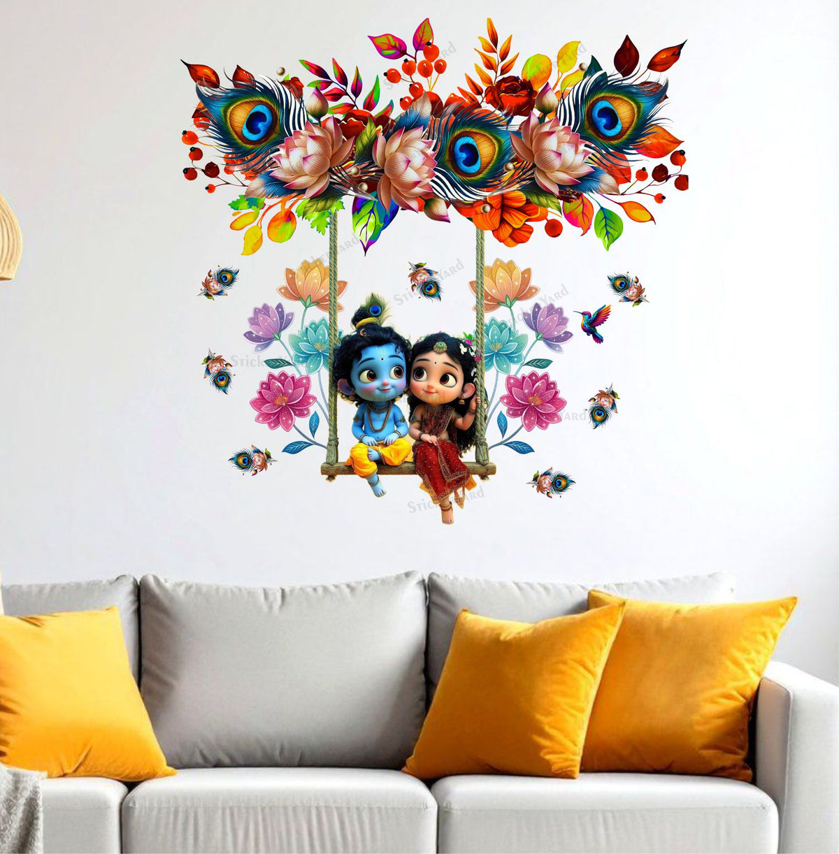 FramingoKart  PVC Vinyl Feather Floral Swing Cute Radha Krishna Wall Sticker Big Size Room Walls Home Décor Self Adhesive Sticker