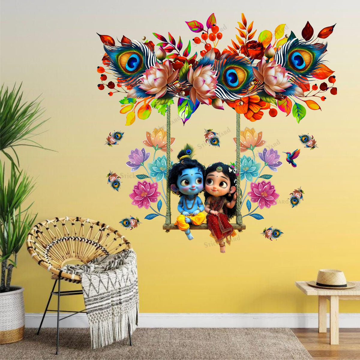 FramingoKart  PVC Vinyl Feather Floral Swing Cute Radha Krishna Wall Sticker Big Size Room Walls Home Décor Self Adhesive Sticker