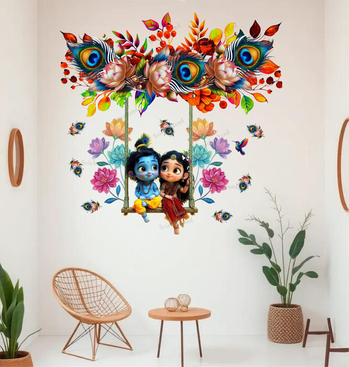 FramingoKart  PVC Vinyl Feather Floral Swing Cute Radha Krishna Wall Sticker Big Size Room Walls Home Décor Self Adhesive Sticker