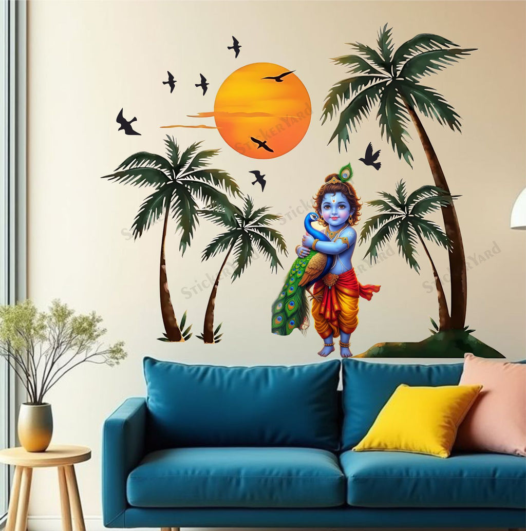 FramingoKart  PVC Vinyl Sunset Bal krishna Peacock In hands Wall Sticker Big Size Room Walls Home Décor Self Adhesive Sticker