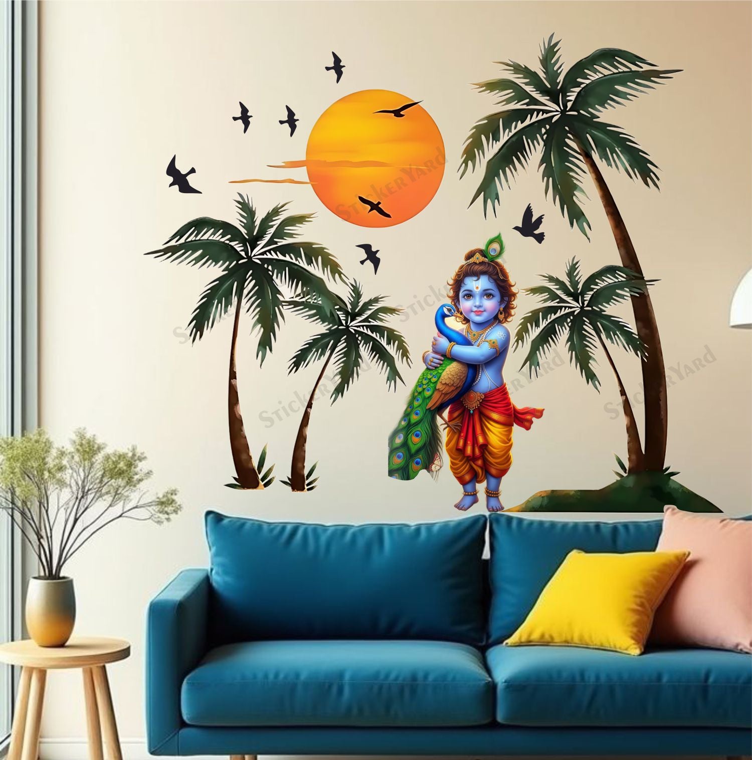 FramingoKart  PVC Vinyl Sunset Bal krishna Peacock In hands Wall Sticker Big Size Room Walls Home Décor Self Adhesive Sticker
