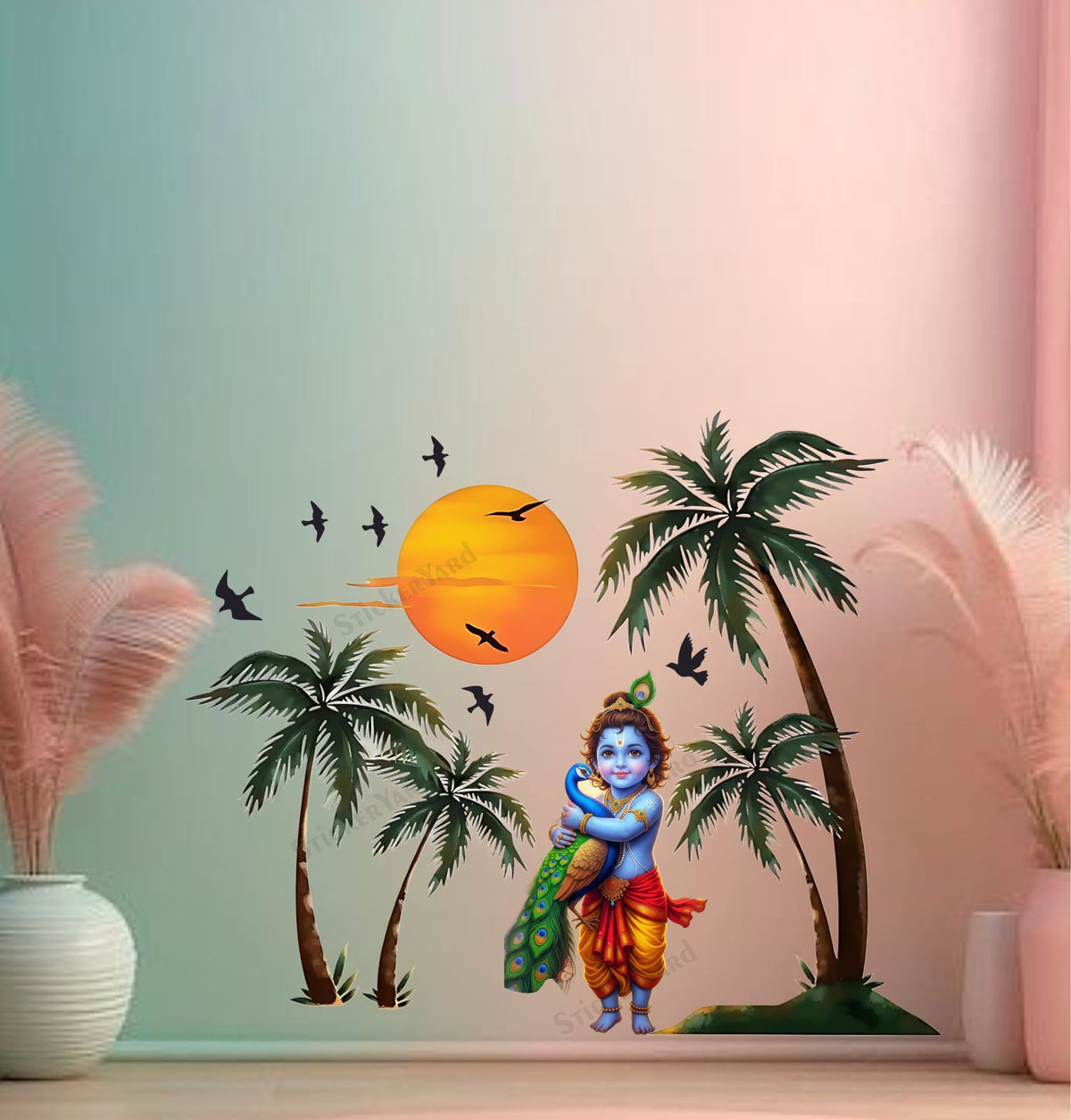FramingoKart  PVC Vinyl Sunset Bal krishna Peacock In hands Wall Sticker Big Size Room Walls Home Décor Self Adhesive Sticker