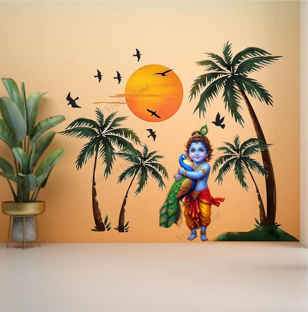 FramingoKart  PVC Vinyl Sunset Bal krishna Peacock In hands Wall Sticker Big Size Room Walls Home Décor Self Adhesive Sticker