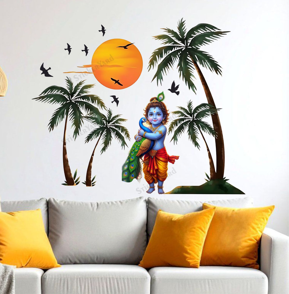 FramingoKart  PVC Vinyl Sunset Bal krishna Peacock In hands Wall Sticker Big Size Room Walls Home Décor Self Adhesive Sticker
