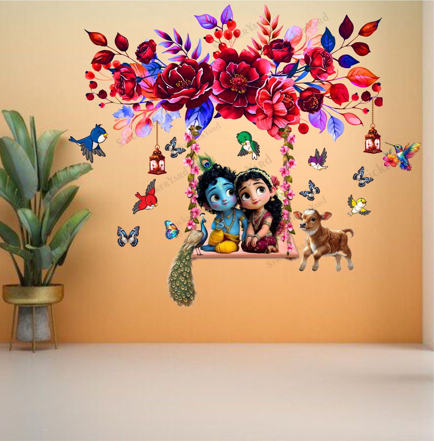 FramingoKart  PVC Vinyl Floral Swing Cute Radha Krishna Wall Sticker Big Size Room Walls Home Décor Self Adhesive Sticker