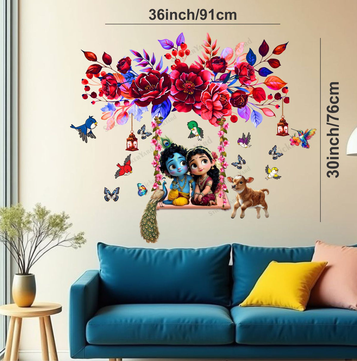 FramingoKart  PVC Vinyl Floral Swing Cute Radha Krishna Wall Sticker Big Size Room Walls Home Décor Self Adhesive Sticker
