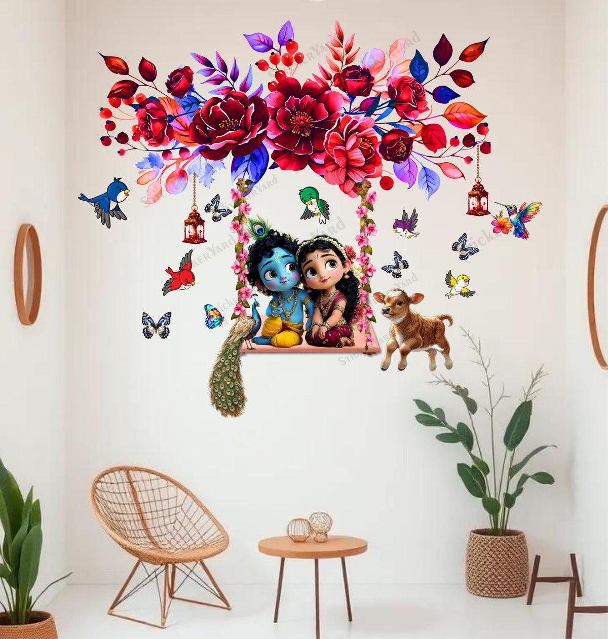 FramingoKart  PVC Vinyl Floral Swing Cute Radha Krishna Wall Sticker Big Size Room Walls Home Décor Self Adhesive Sticker