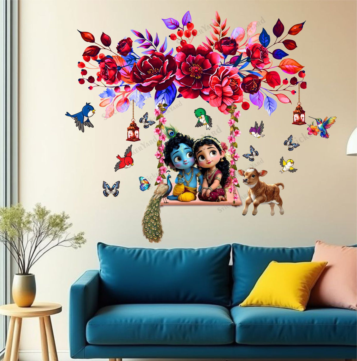FramingoKart  PVC Vinyl Floral Swing Cute Radha Krishna Wall Sticker Big Size Room Walls Home Décor Self Adhesive Sticker