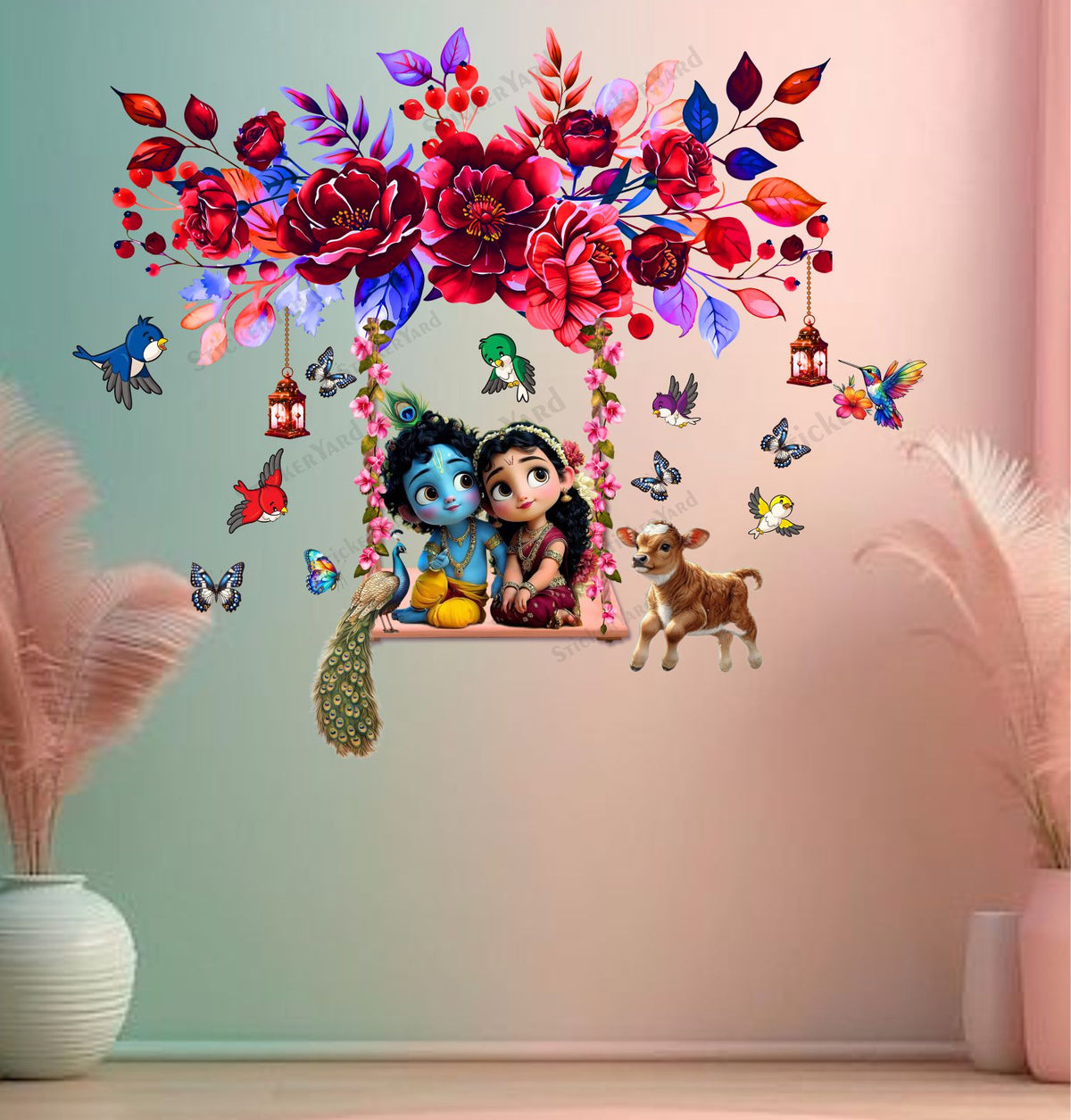 FramingoKart  PVC Vinyl Floral Swing Cute Radha Krishna Wall Sticker Big Size Room Walls Home Décor Self Adhesive Sticker