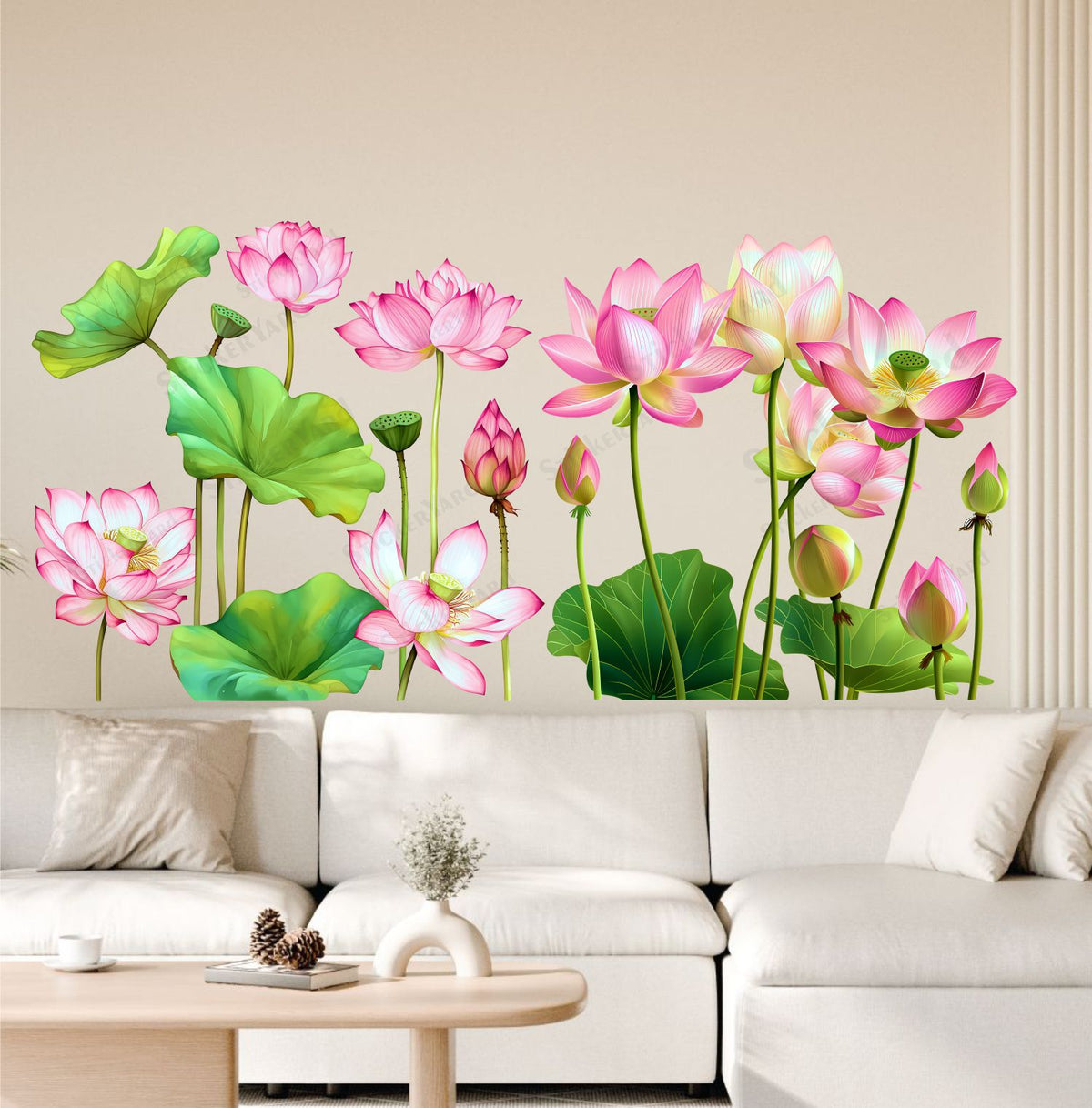 FramingoKart  PVC Vinyl Pink Lotus Flowers With Leaves Wall Sticker Big Size Room Walls Home Décor Self Adhesive Sticker