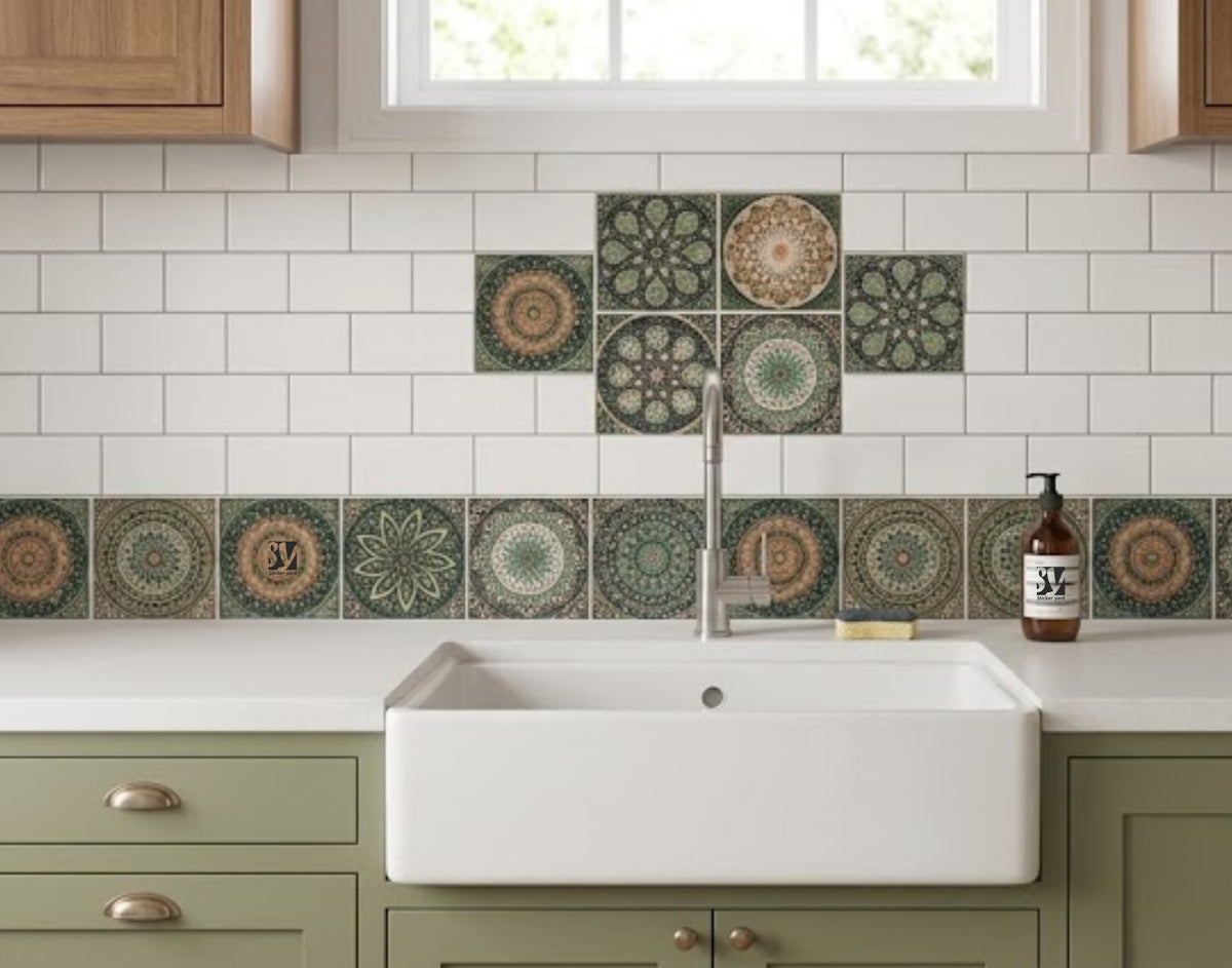 FramingoKart Green Mandala Tiles Art Decal Wall Stickers For Home,Kids,Bedroom,Living,Kitchen,Office Multicolor Vinyl Size- 91X40CM
