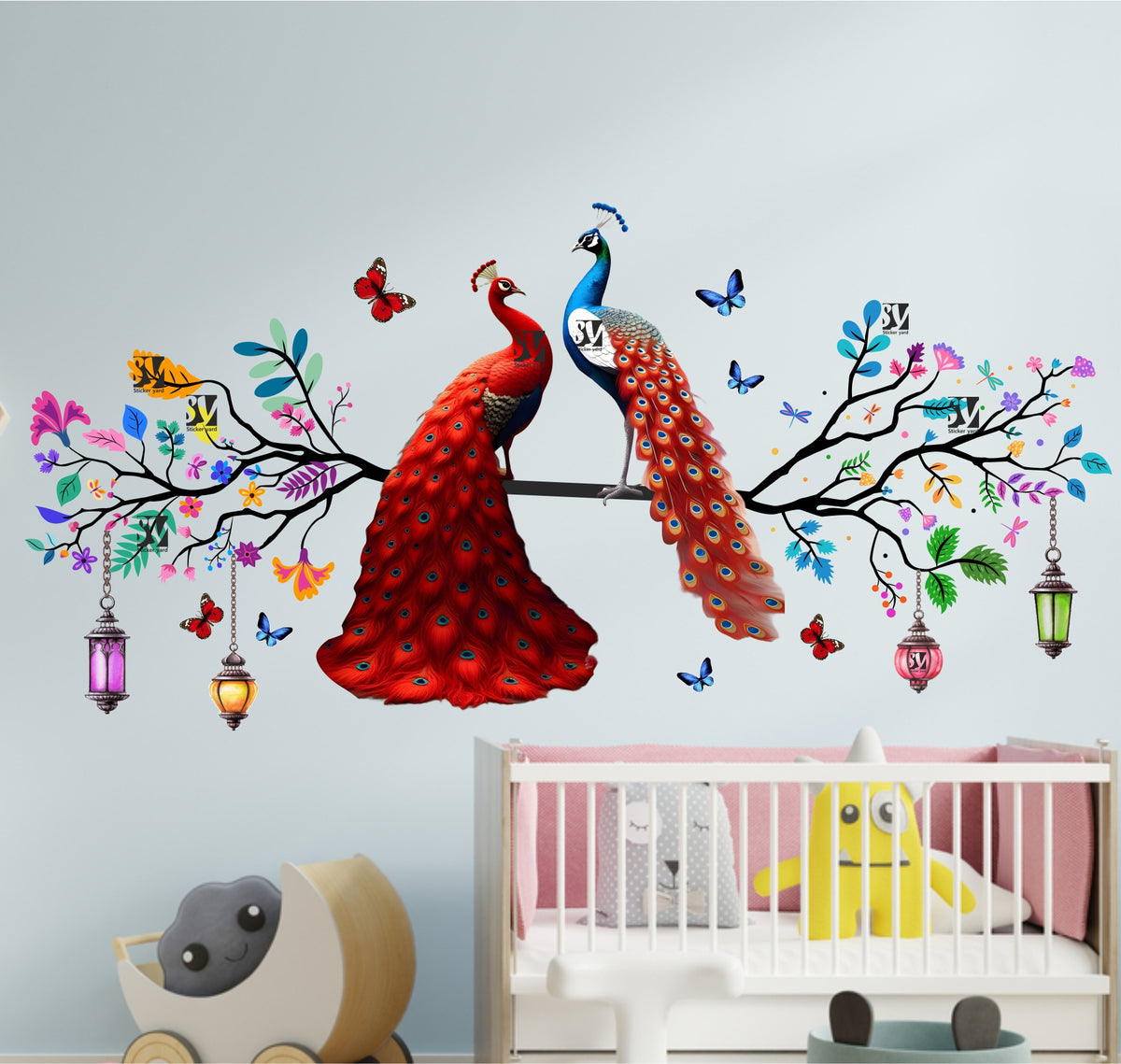 FramingoKart Colorful Peacock On Branch Art Decal Wall Stickers For Home,Kids,Bedroom,Living,Kitchen,Office Multicolor Vinyl Size- 91X46CM