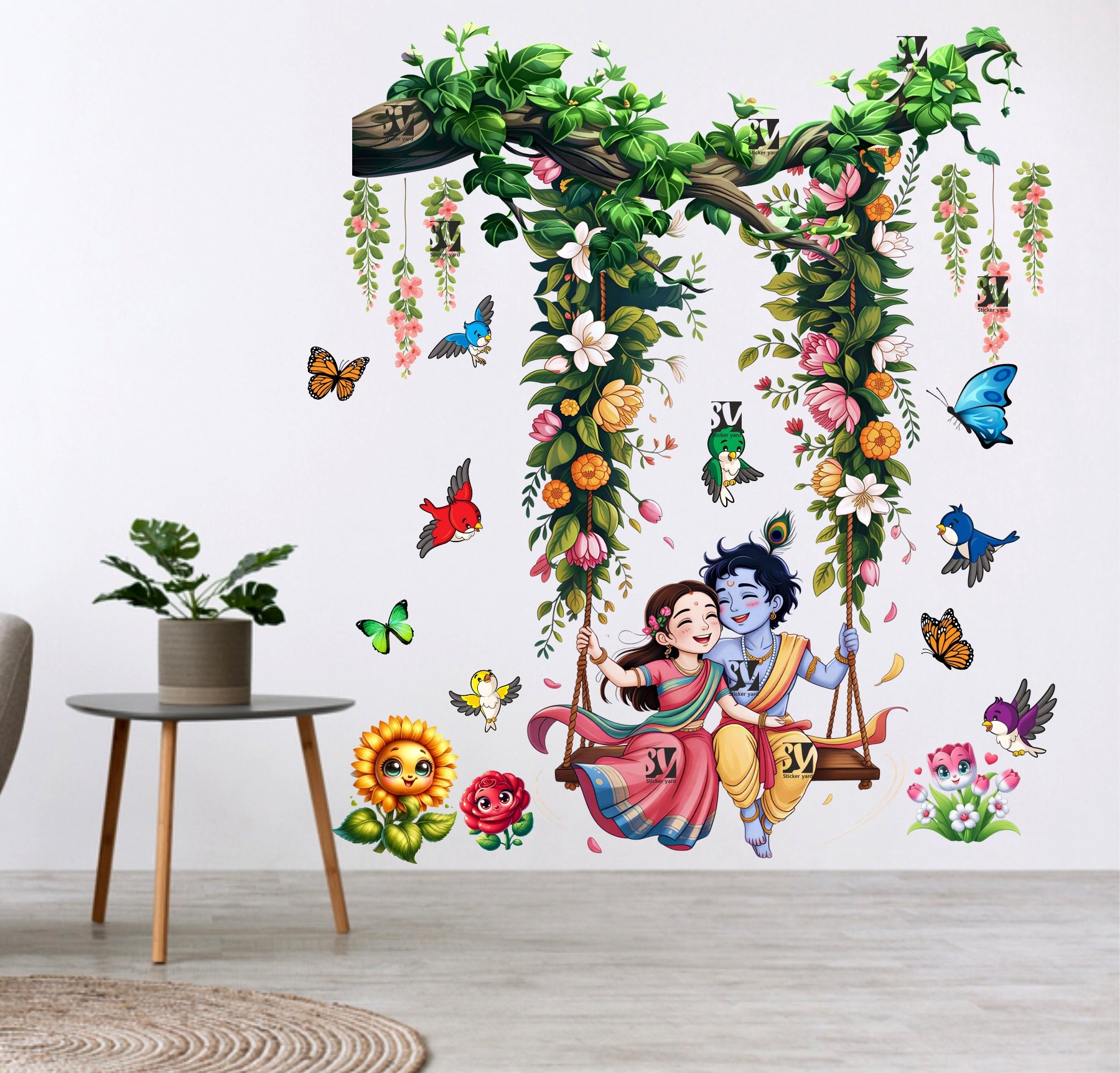 FramingoKart Bal Radha Krishna Swing On Tree Art Decal Wall Stickers For Home,Kids,Bedroom,Living,Kitchen,Office Multicolor Vinyl Size- 63X73CM